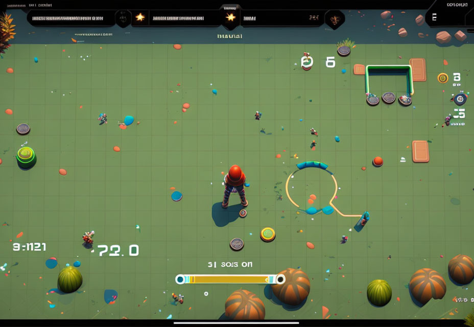 Colorful Digital Game Arena with Character in Red Helmet and Festive Pumpkins