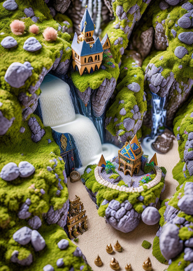 Miniature landscape with green moss, waterfalls, and colorful castles