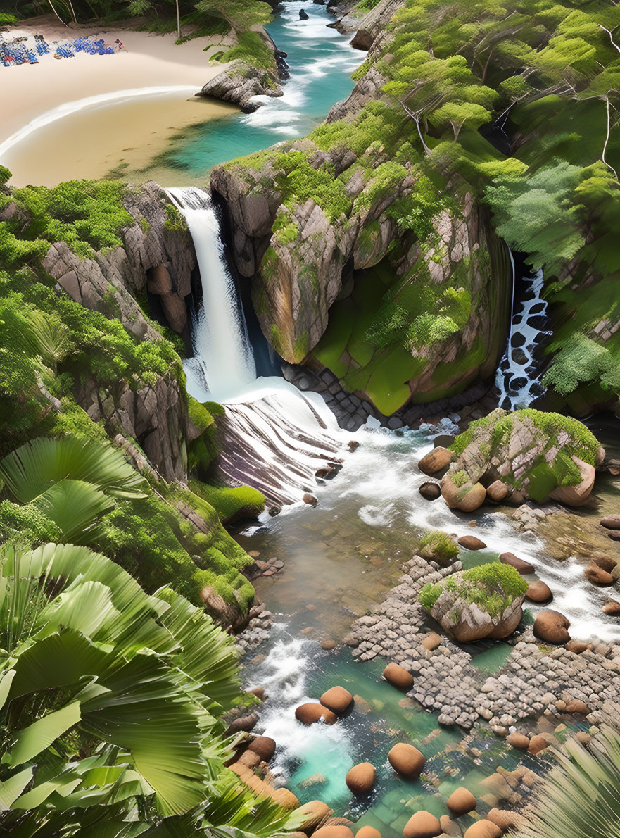 Lush forest waterfalls, rocky cliffs, serene river, sandy beach