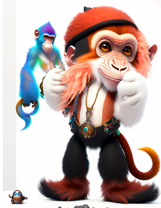 Colorful monkeys in stylish attire on vibrant background