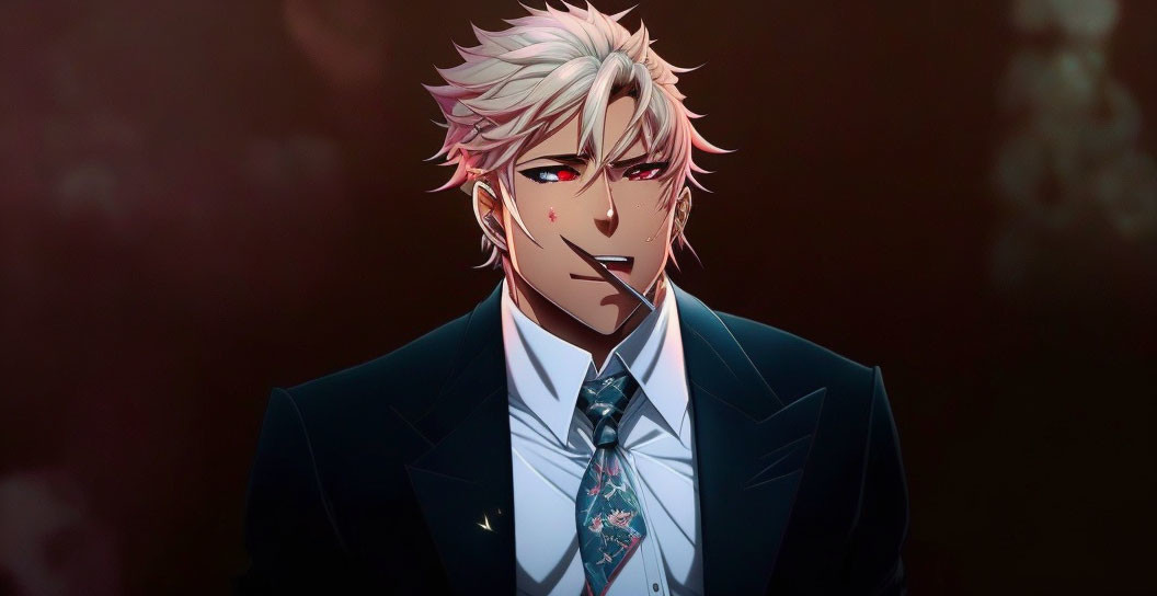 Anime male character with pink spiky hair in suit and floral tie.