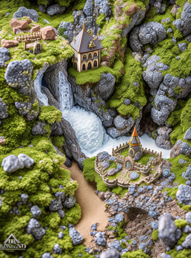 Miniature fantasy landscape with waterfall, church, greenery, and castle.