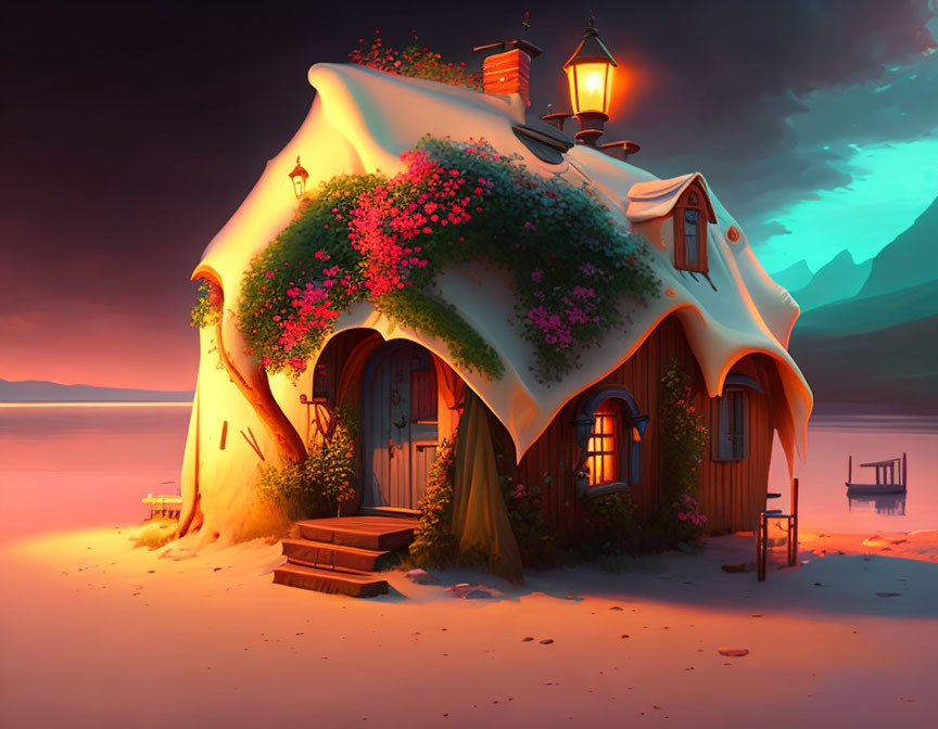 Whimsical cottage illustration with vibrant flowers and glowing lantern