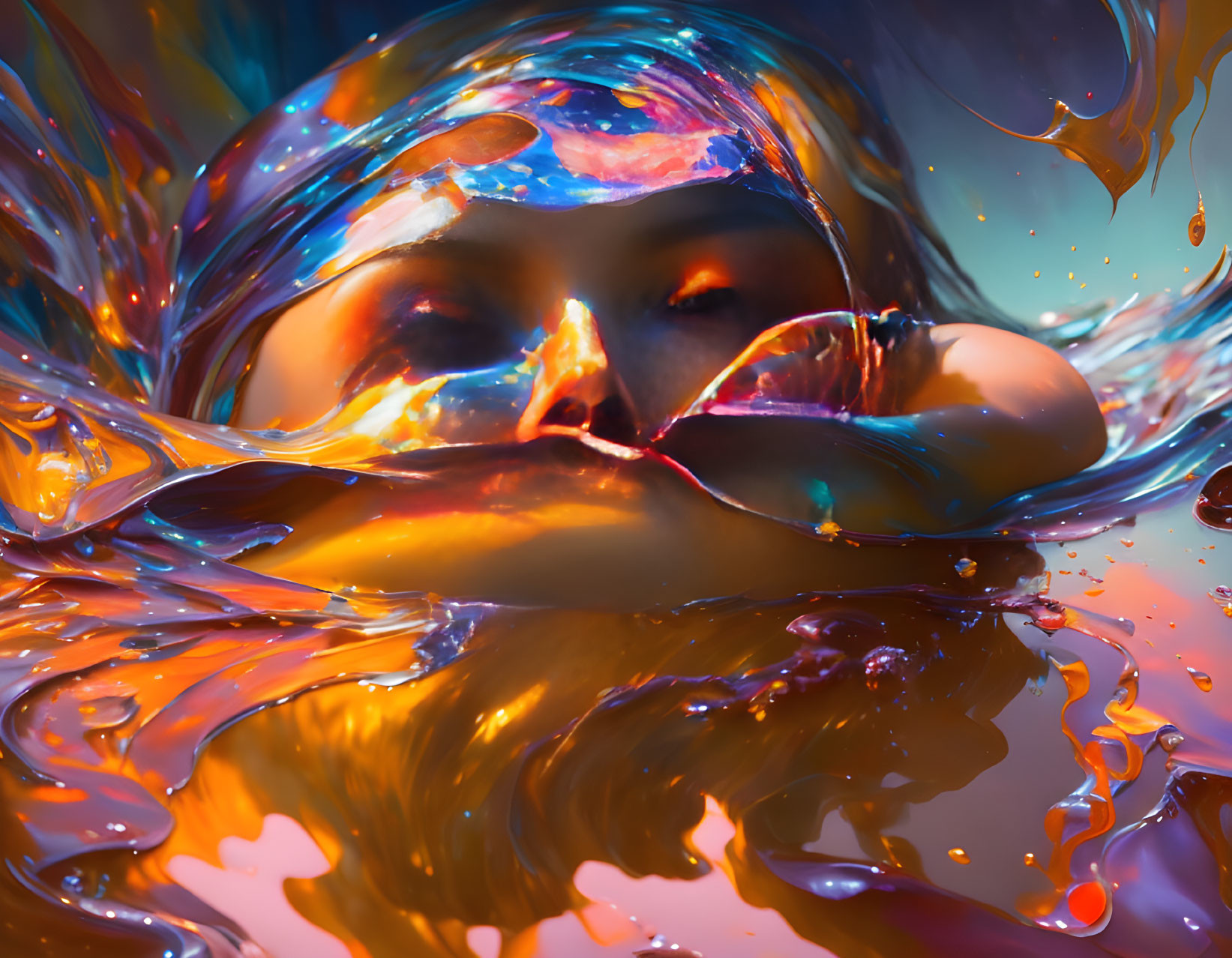 Abstract portrait submerged in vibrant watercolors