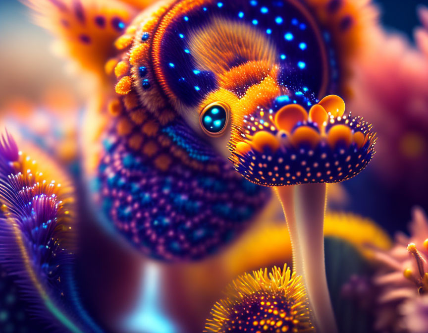 Fantastical creature with glowing blue spots in colorful digital artwork