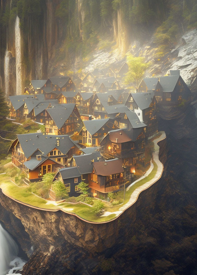 Scenic mountain village with wooden cabins and waterfall on cliff