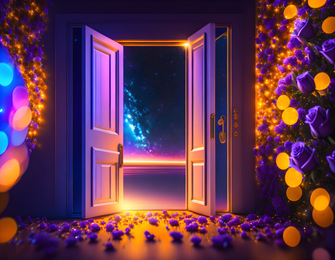 Open door to starry night sky with flowers and fairy lights