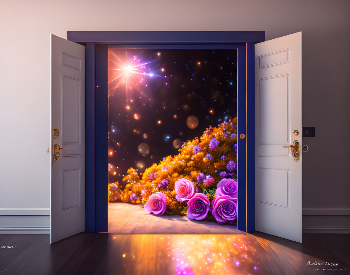 Open Double Doors Frame Cosmic Scene with Stars and Roses