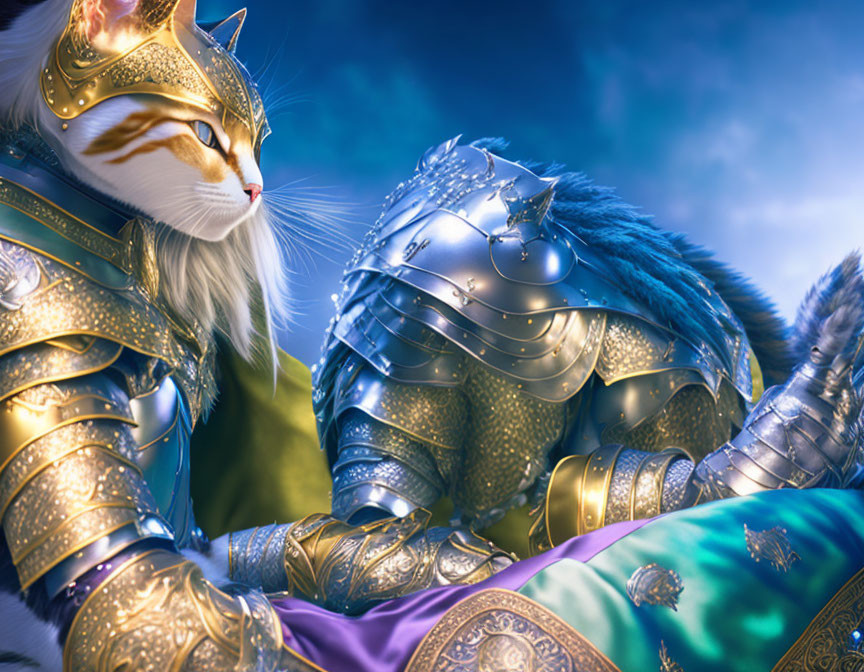 Colorful Medieval Armor Cats in Digital Art