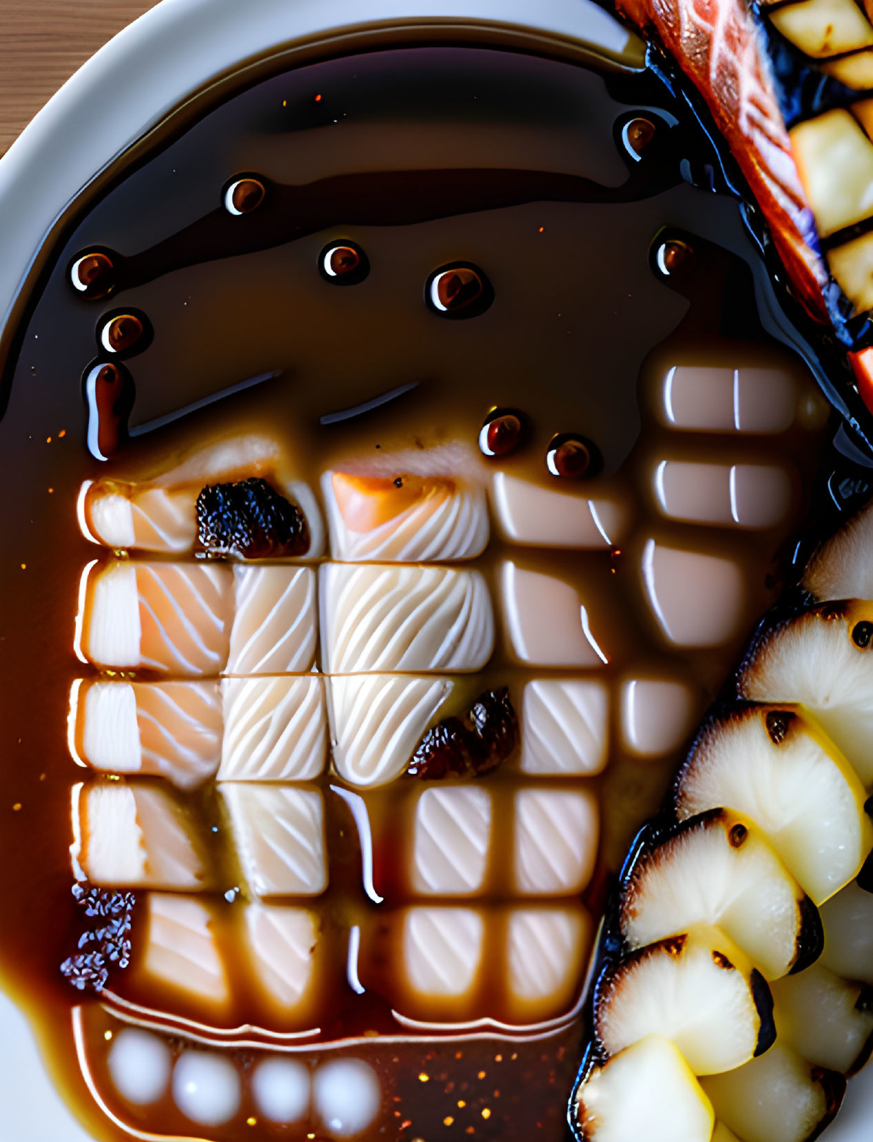 Geometrically sliced panna cotta with caramel sauce and fruit garnish