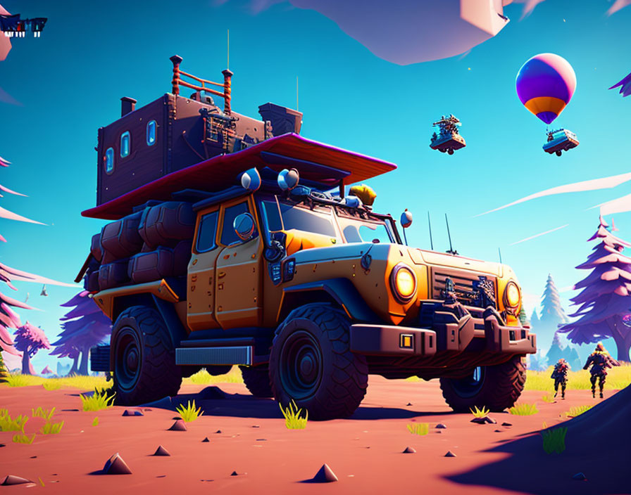 Vibrant 3D illustration of off-road vehicle in cartoon landscape