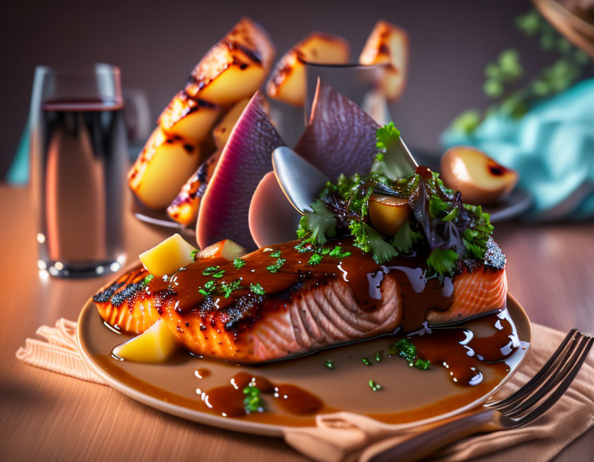 Grilled Salmon Fillet with Glazed Herbs, Peaches, and Beverage