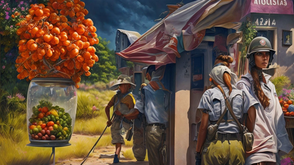 Two women in uniform at fruit stand with boy under overcast sky