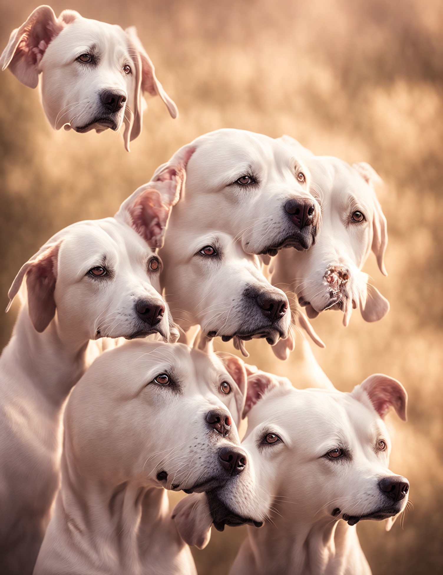 Composite Image of White Dogs with Various Expressions on Warm Background