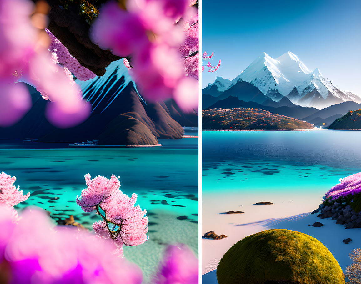 Contrasting landscapes: pink blossoms over turquoise water and mountains vs. idyllic town by serene