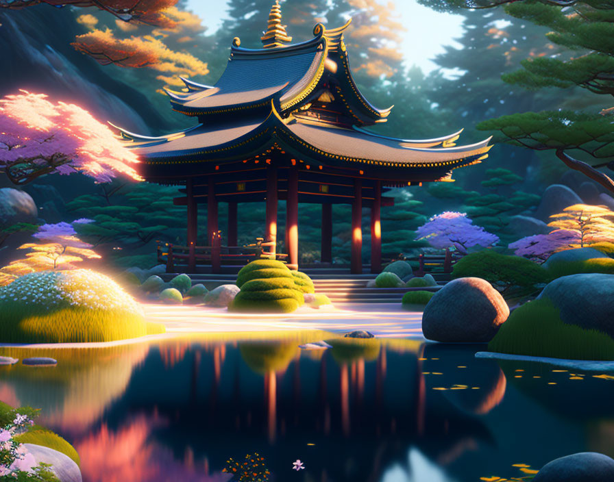 Japanese pagoda by calm lake with lush greenery and pink blossoms at twilight