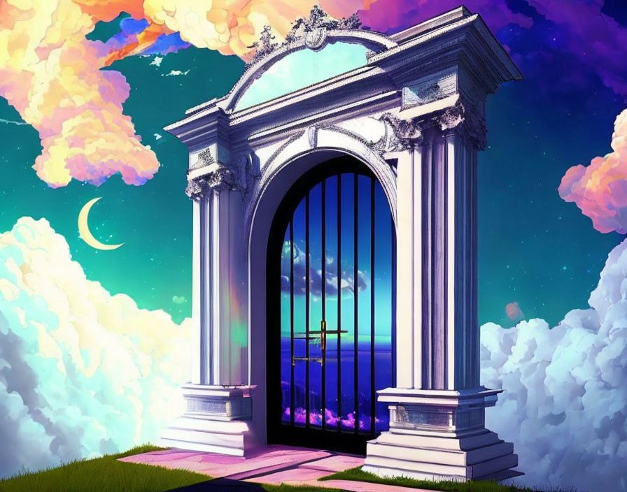 Twilight scene: Ornate doorway on clouds with crescent moon and sunset glow