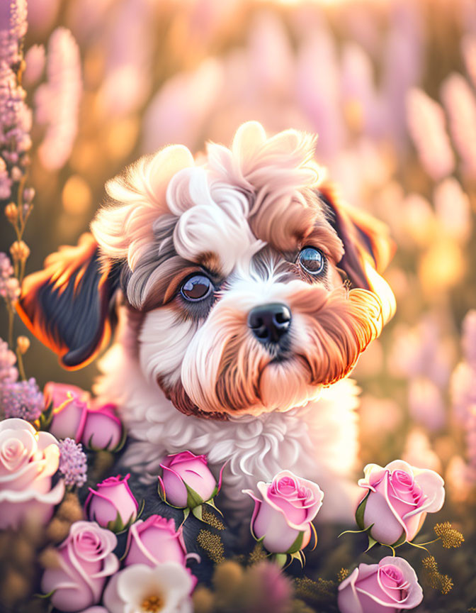 Fluffy Dog with Blue Eyes Surrounded by Roses and Lavender