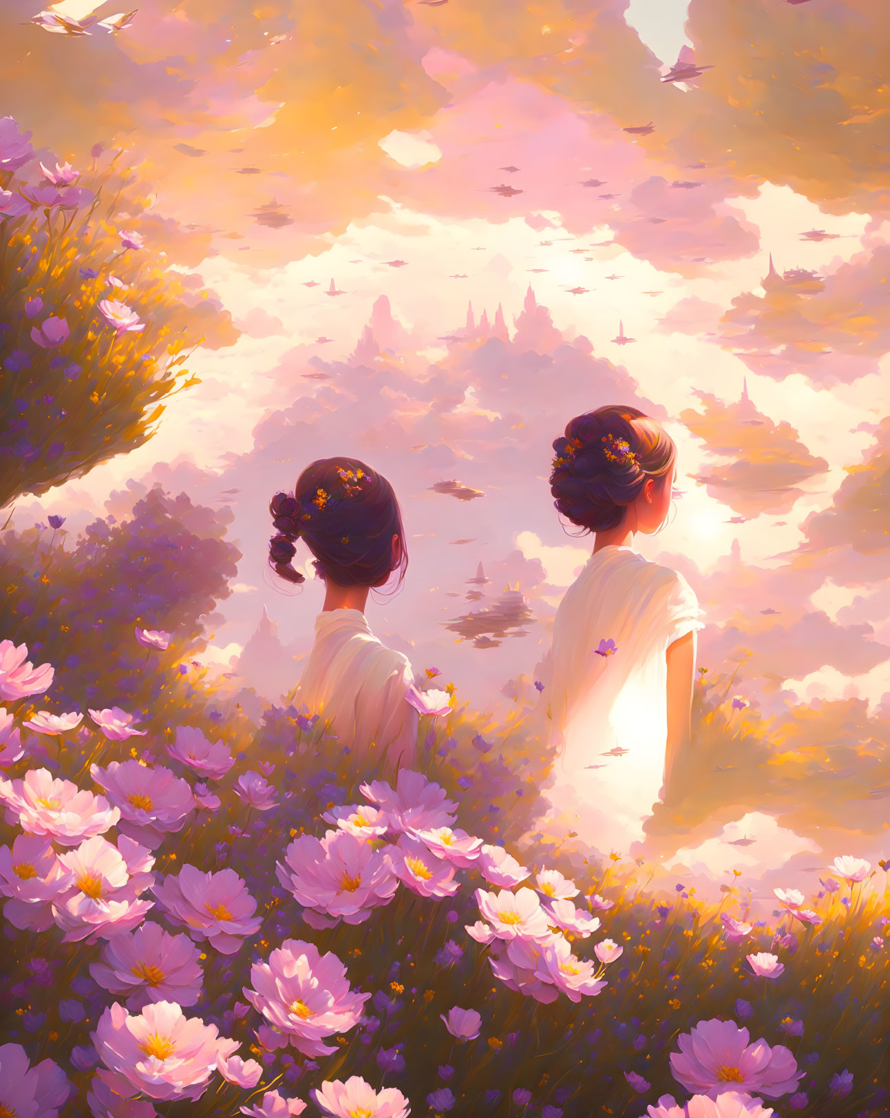 Individuals admiring blooming flowers and distant castle in golden light