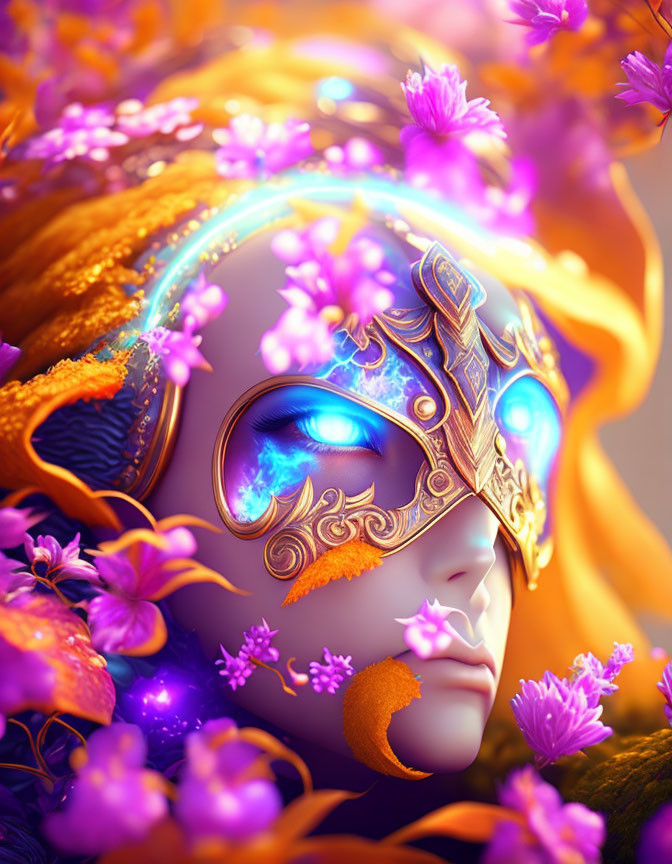 Colorful digital artwork featuring person with golden mask, orange hair, purple flowers