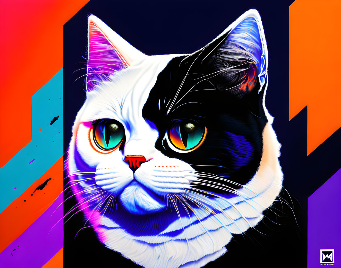 Digital Art: Black and White Cat with Orange Eyes on Colorful Geometric Background