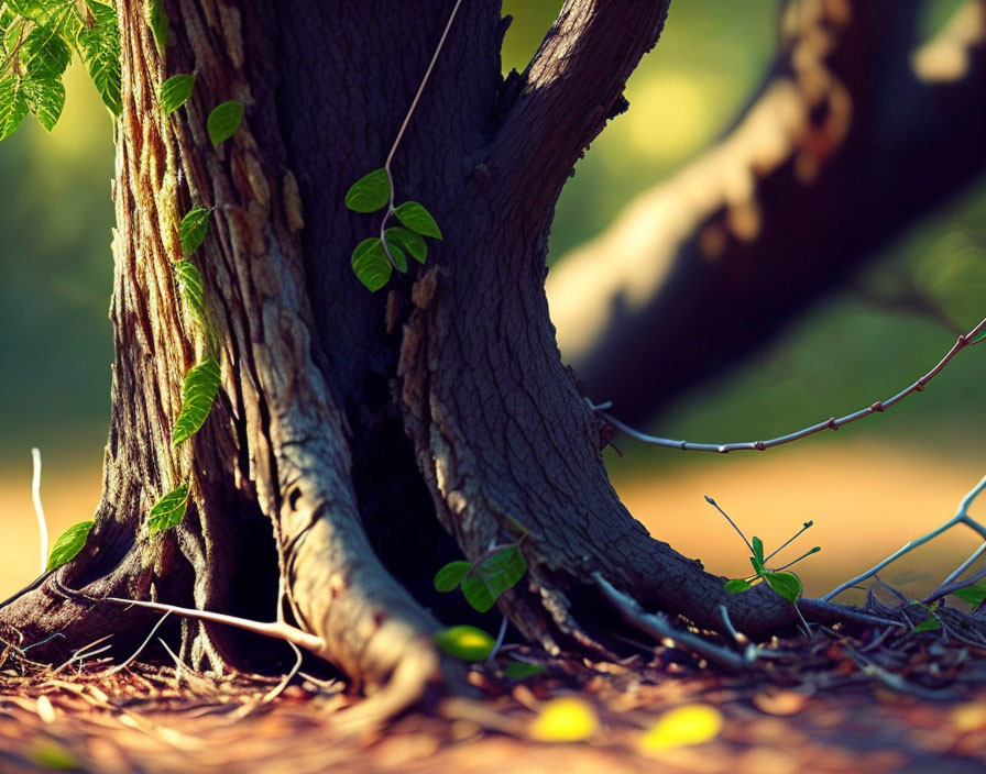 Forest scene: Sunlight on tree trunk with vines, grasshopper in leaves