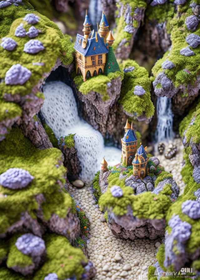 Miniature fantasy landscape with whimsical castle, moss-covered cliffs, waterfalls, and pebble pathway