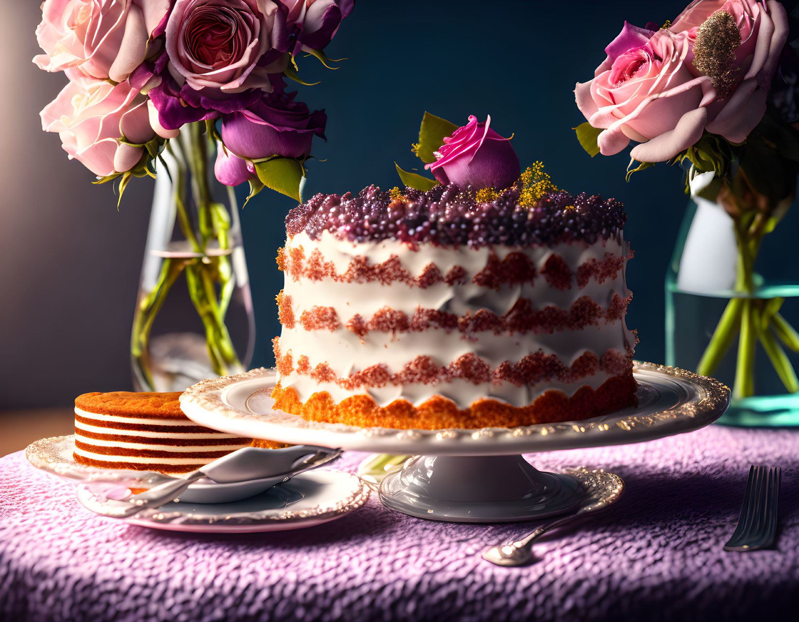 Layered cake with white frosting and purple sprinkles on stand, sliced cake, roses, teal backdrop