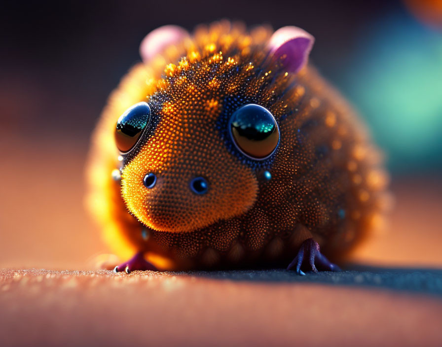 Round Orange Creature with Glossy Eyes and Dewdrops on Textured Skin