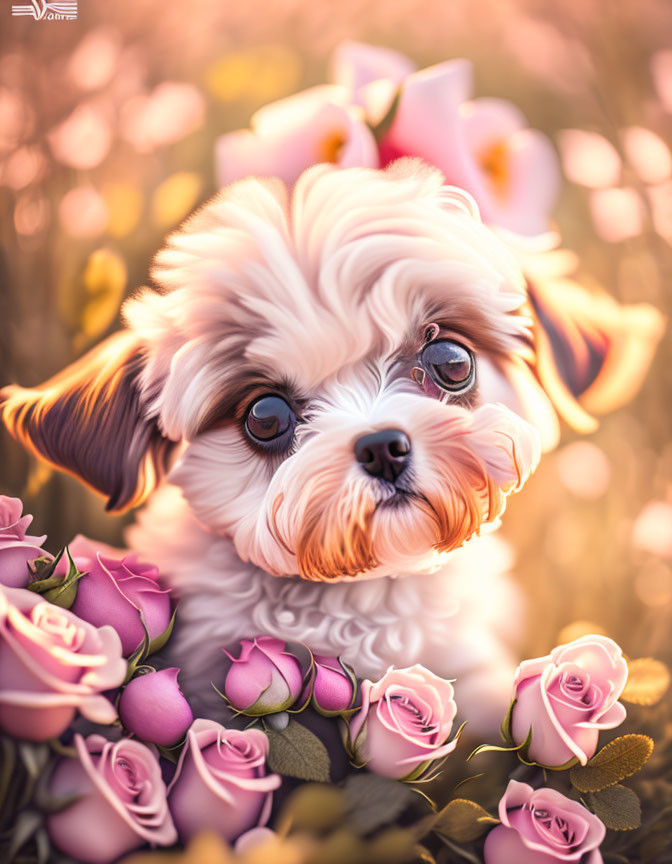 Fluffy small dog with expressive eyes among pink roses and soft-focus background