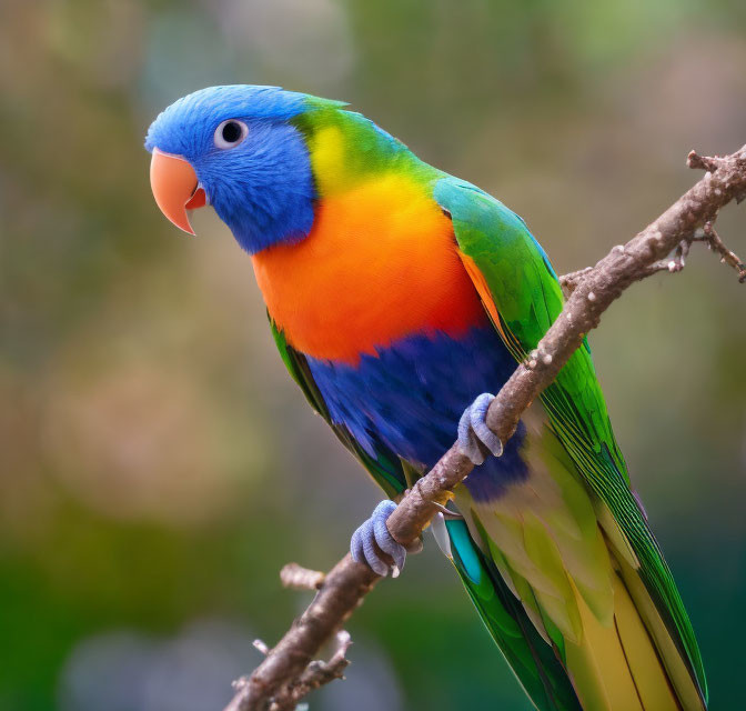 Vibrant lorikeet with blue, green, orange, and yellow plumage perched on