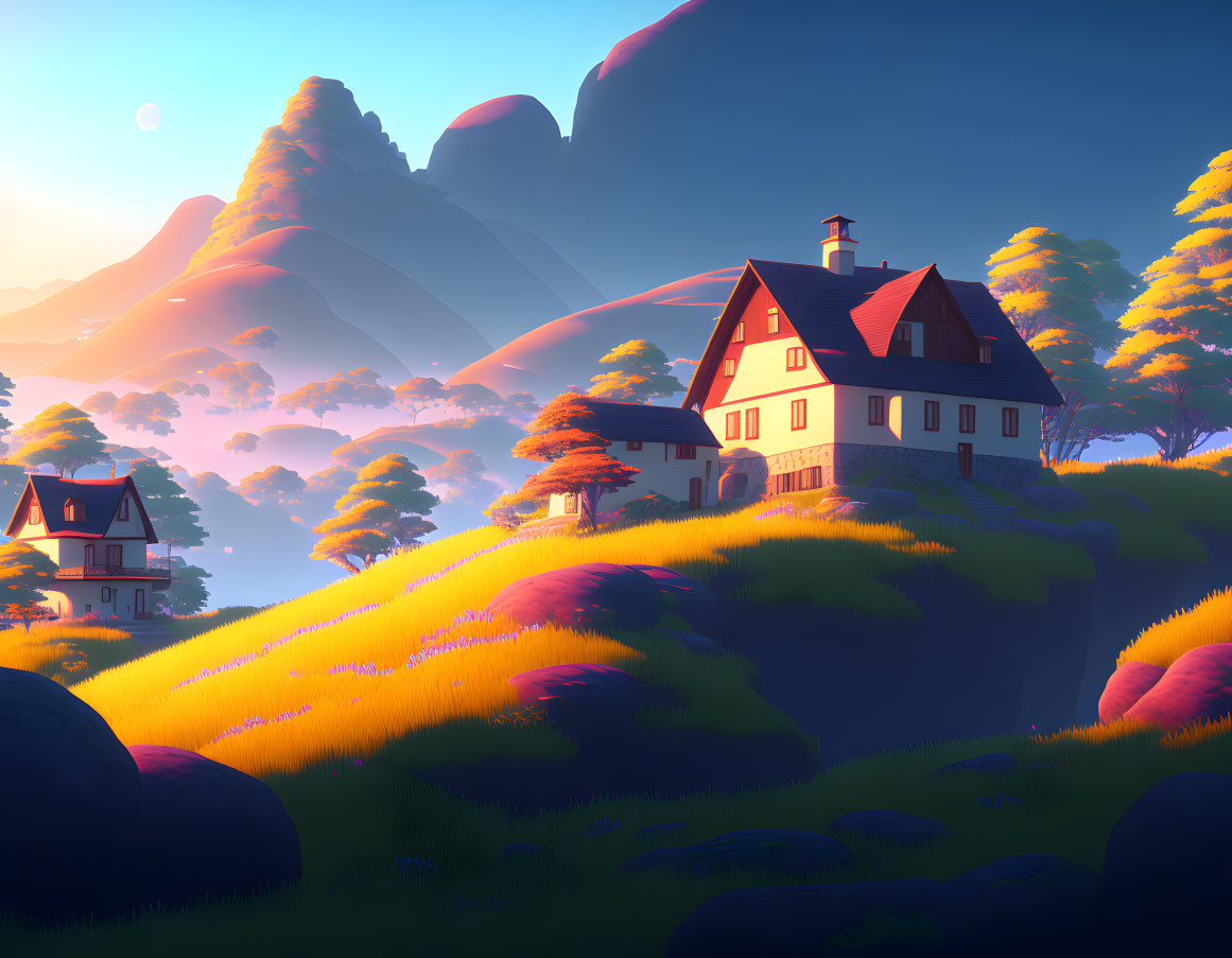 Colorful whimsical landscape with large house on hill, trees, and sunset glow