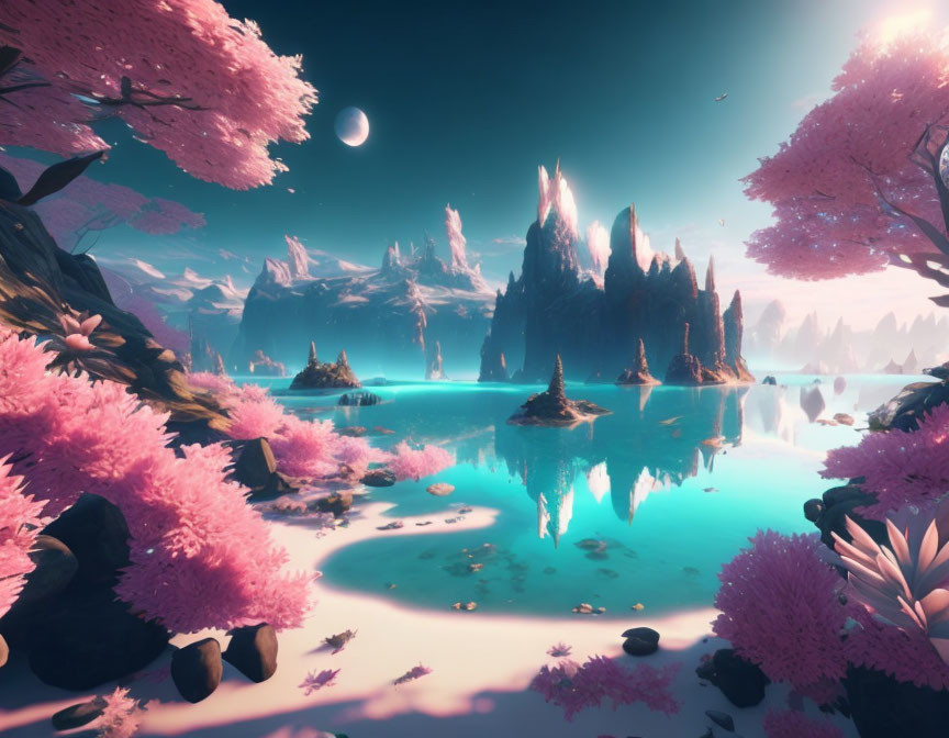 Tranquil fantasy landscape with pink cherry blossoms, turquoise waters, rock formations, and pastel