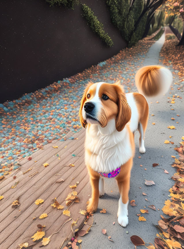 Fluffy-tailed dog in autumn setting under starry sky