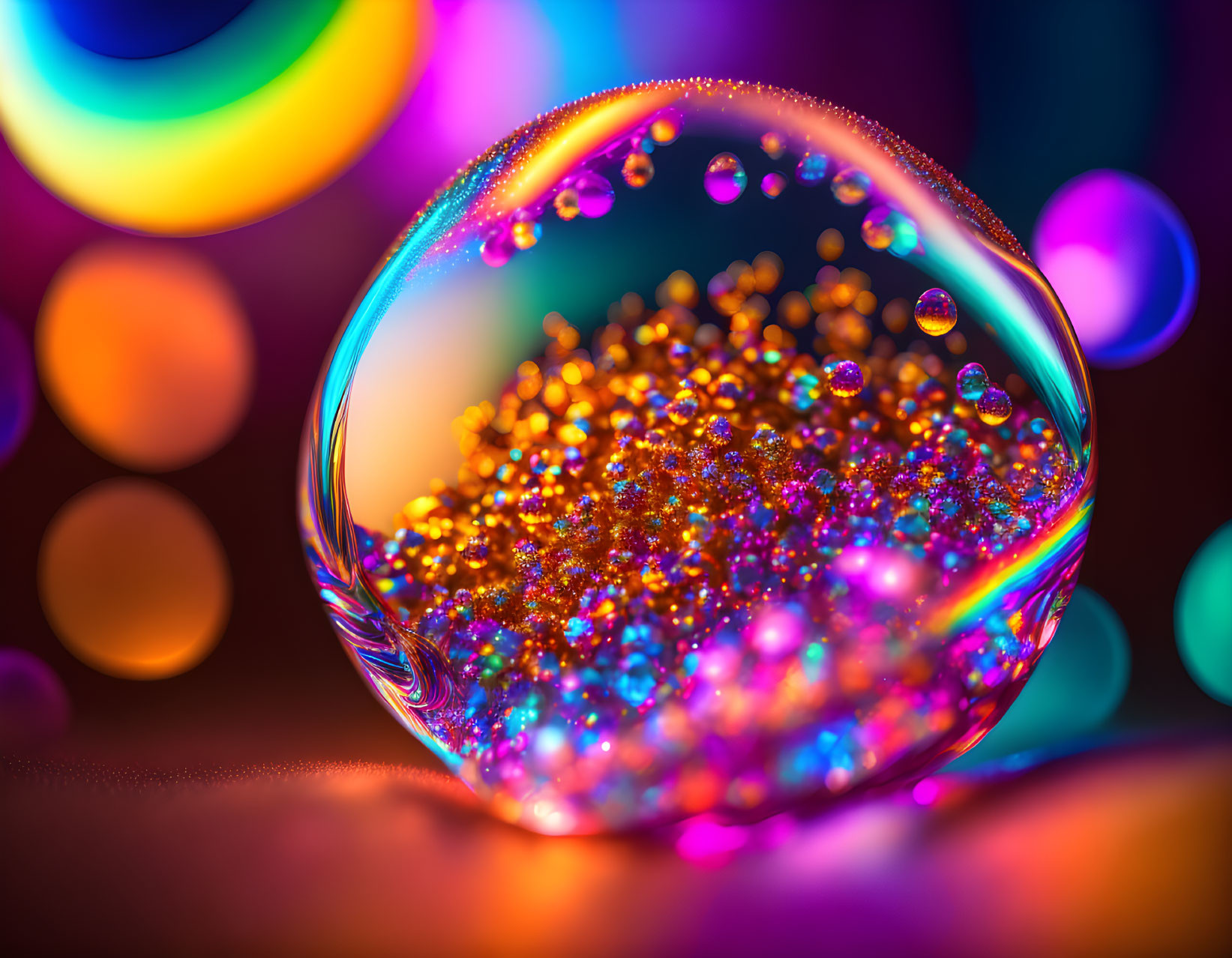 Colorful Bokeh Light Effects Reflected in Soap Bubble