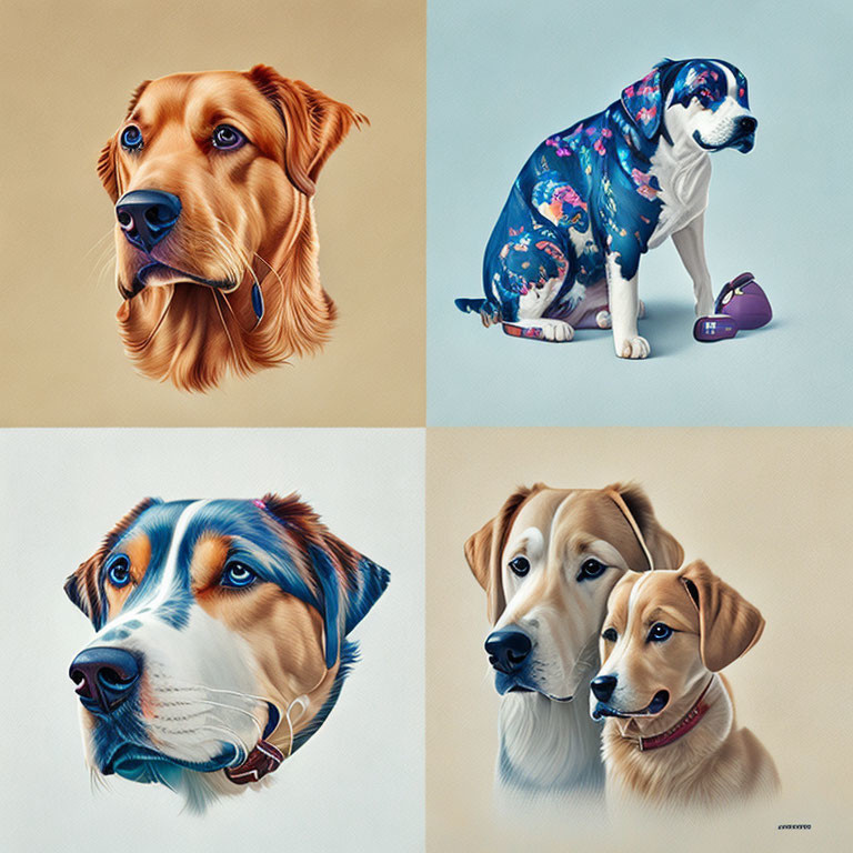 Stylized dog illustrations with expressive faces and colorful details