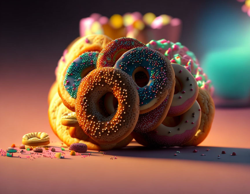 Vibrant Sprinkle Donuts on Warm Background