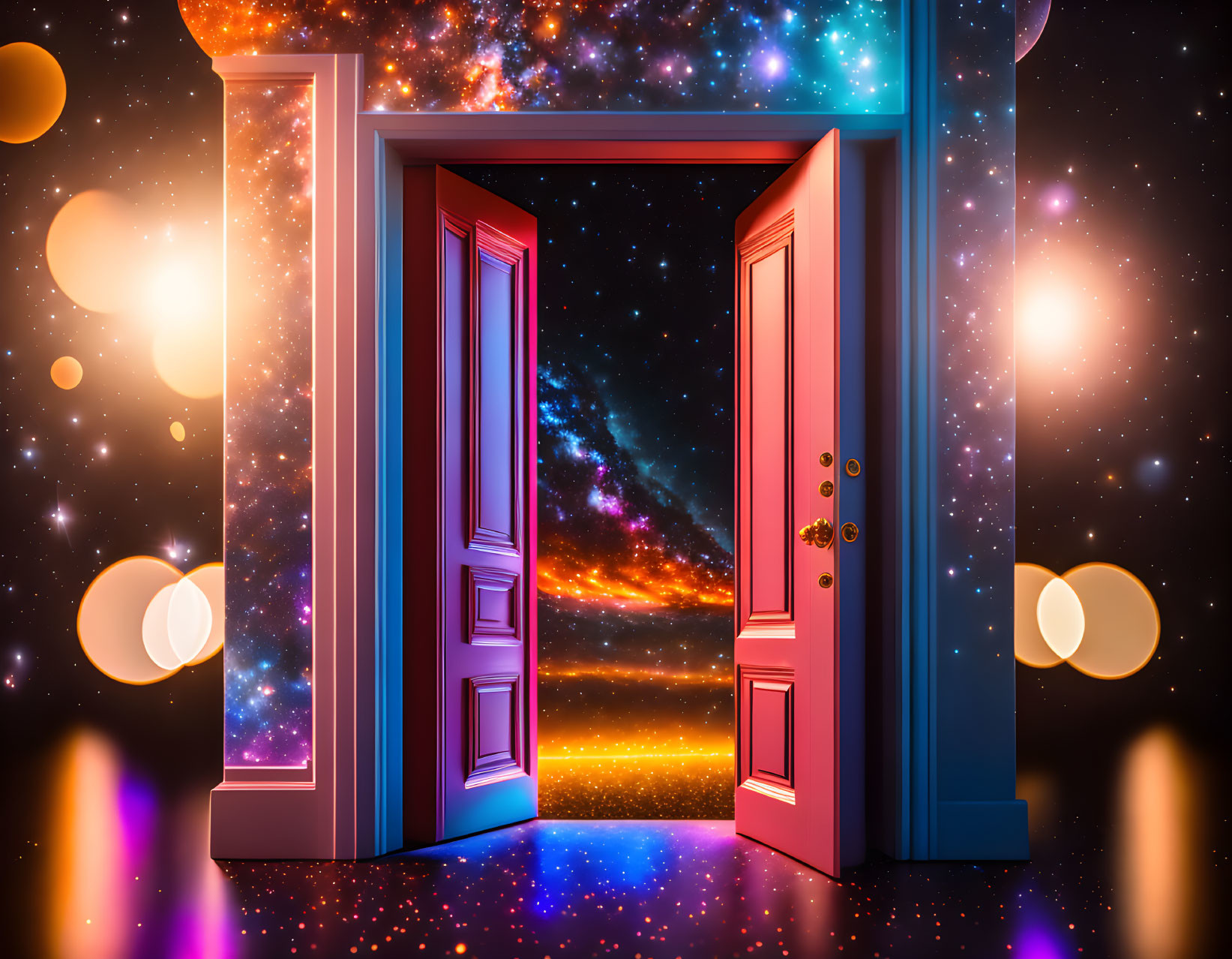 Surreal cosmic scene through open door in dark room