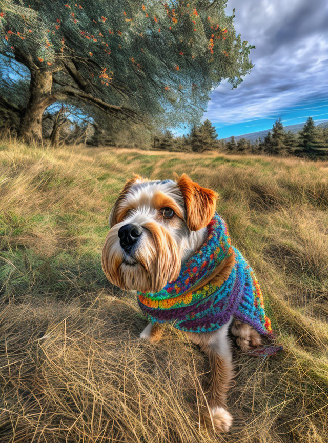 Colorfully Scarfed Small Dog in Field with Tall Grass and Orange Tree Against Dramatic Sky