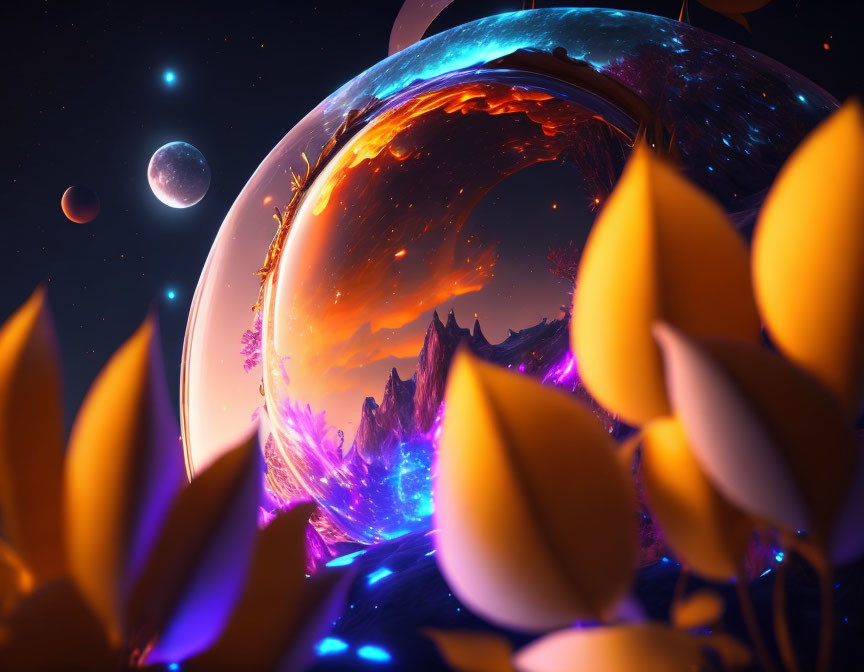 Vivid cosmic scene: fiery planet, purple mountains, glowing flora, star-filled sky.