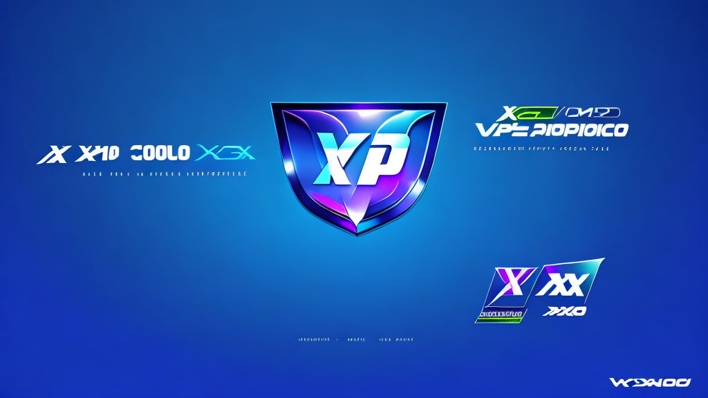 Stylized shield logo with "XP" on vibrant blue background