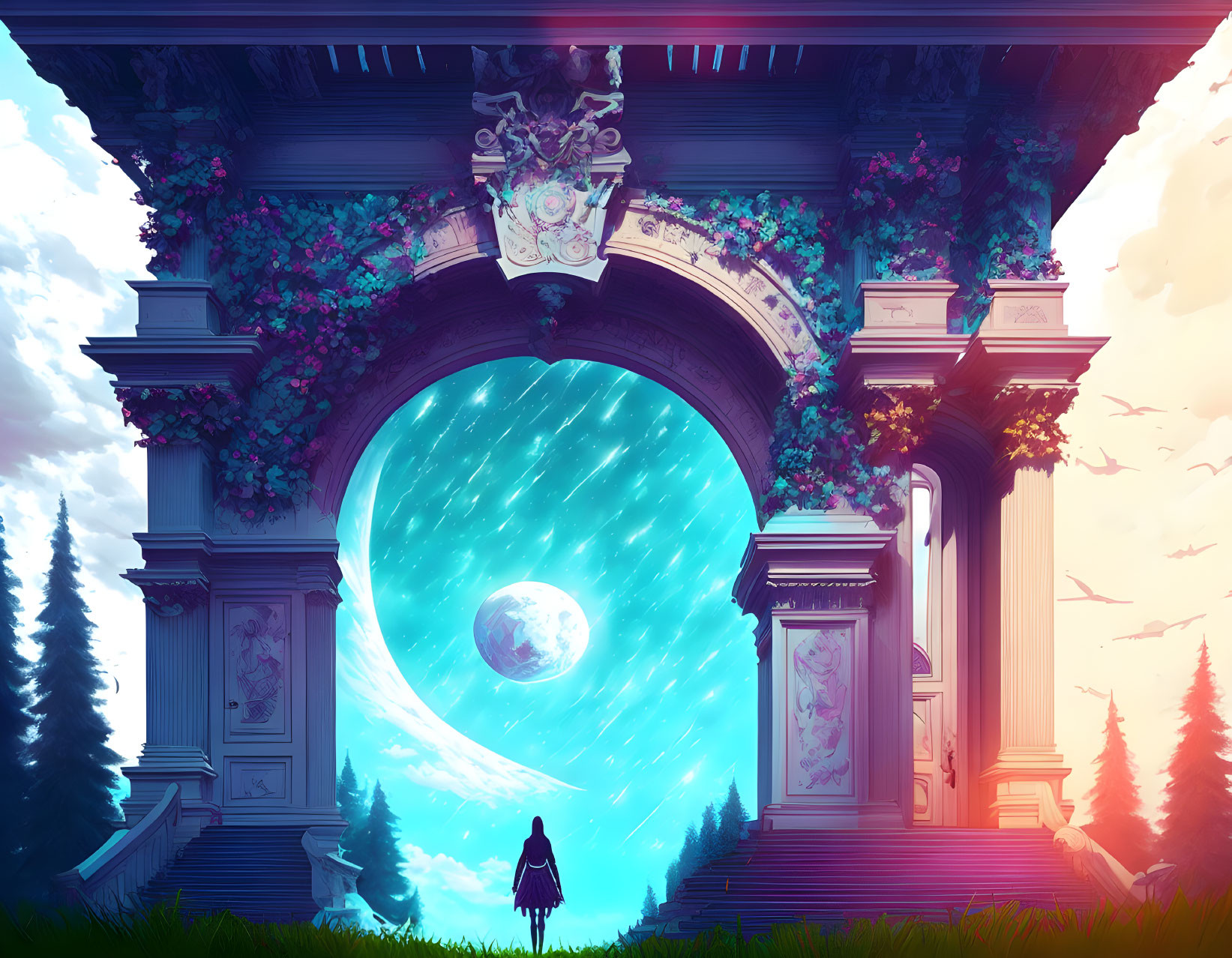 Person standing before ornate archway with cosmic portal showing moon and stars