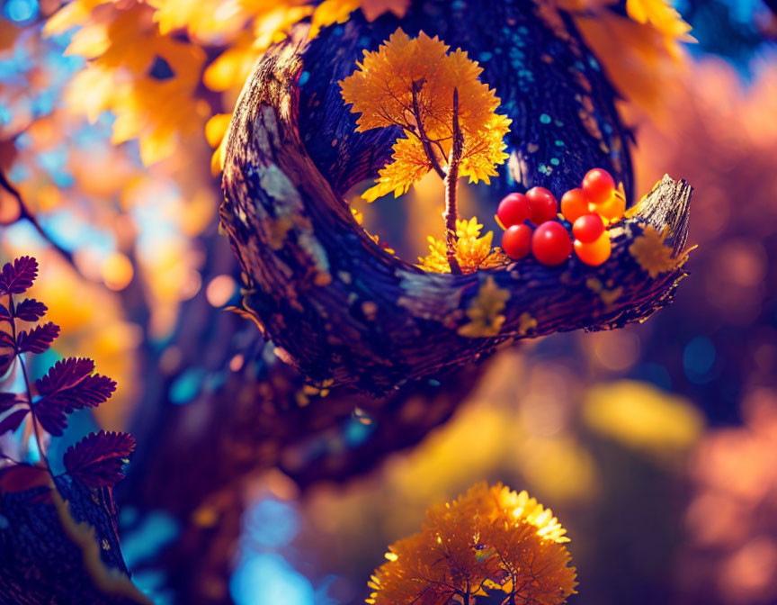 Colorful Autumn Foliage with Orange Leaves and Red Berries on Blurred Blue and Amber Background