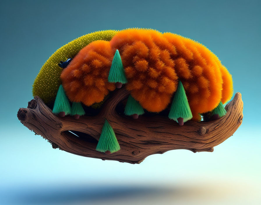 Colorful Furry Caterpillar-Like Creature with Trees on Driftwood