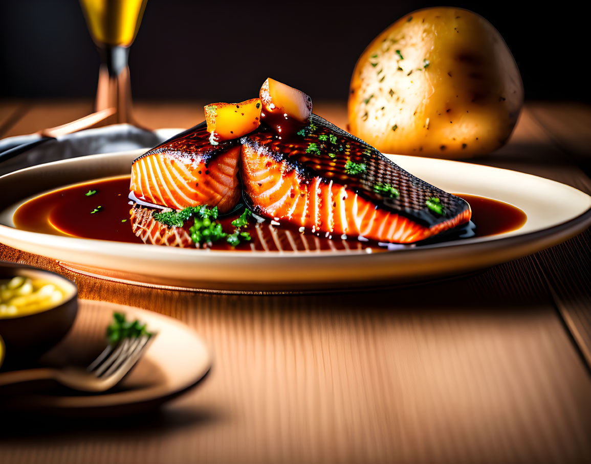 Salmon Fillets with Herbs, Potatoes, and White Wine on Wooden Table