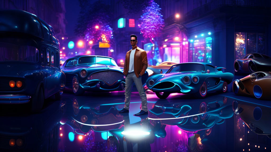 Confident man on neon-lit street with futuristic cars at twilight