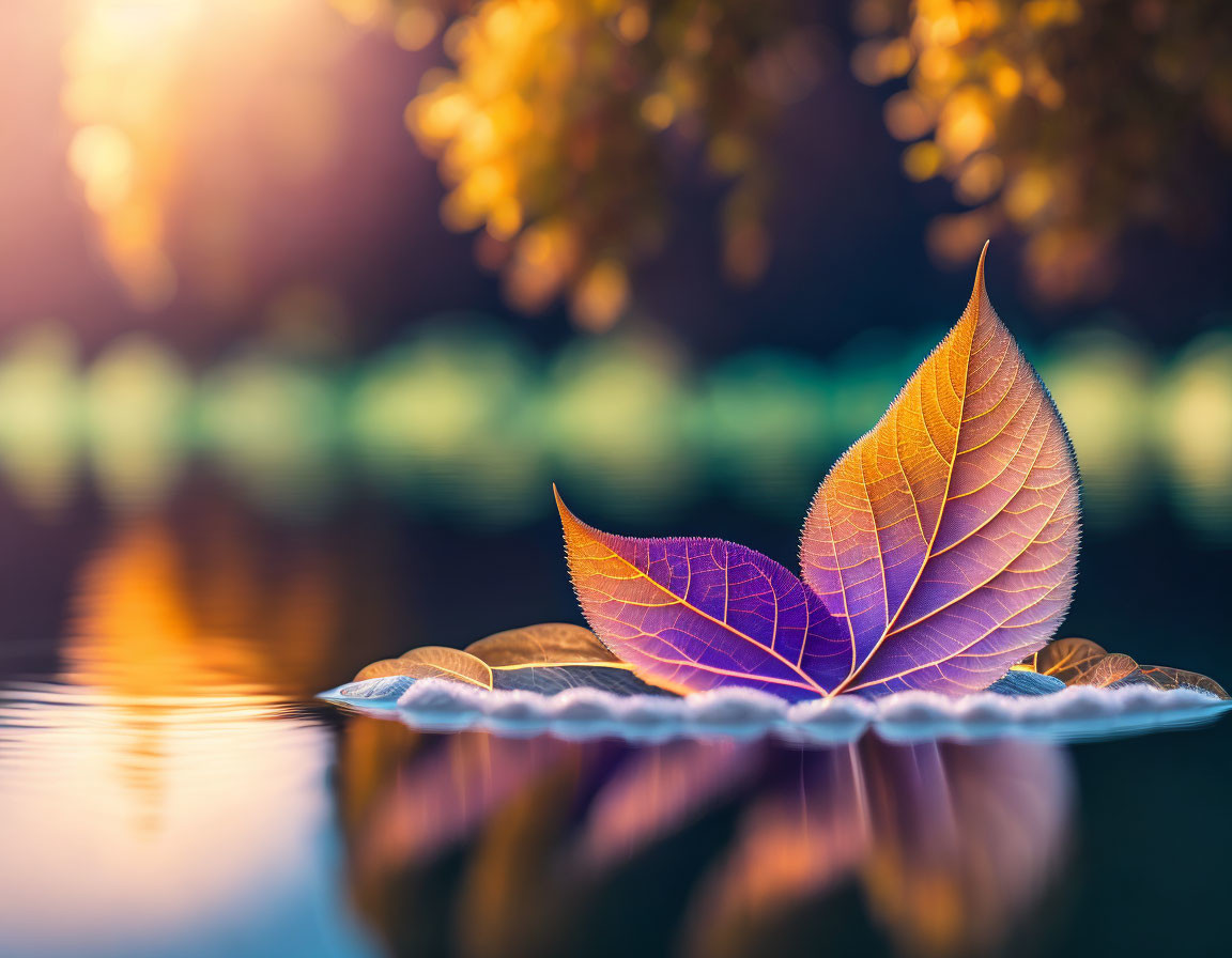 Vibrant autumn leaf on serene water with blurred warm foliage.