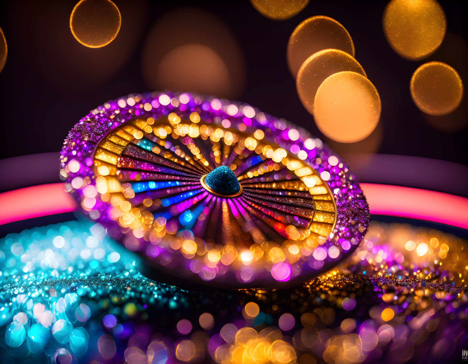 Colorful illuminated peacock feather pattern in vibrant bokeh effect