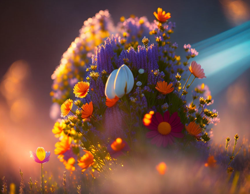 Colorful Wildflower Bouquet in Warm Sunlight: Purple, Orange, and Yellow Blossoms