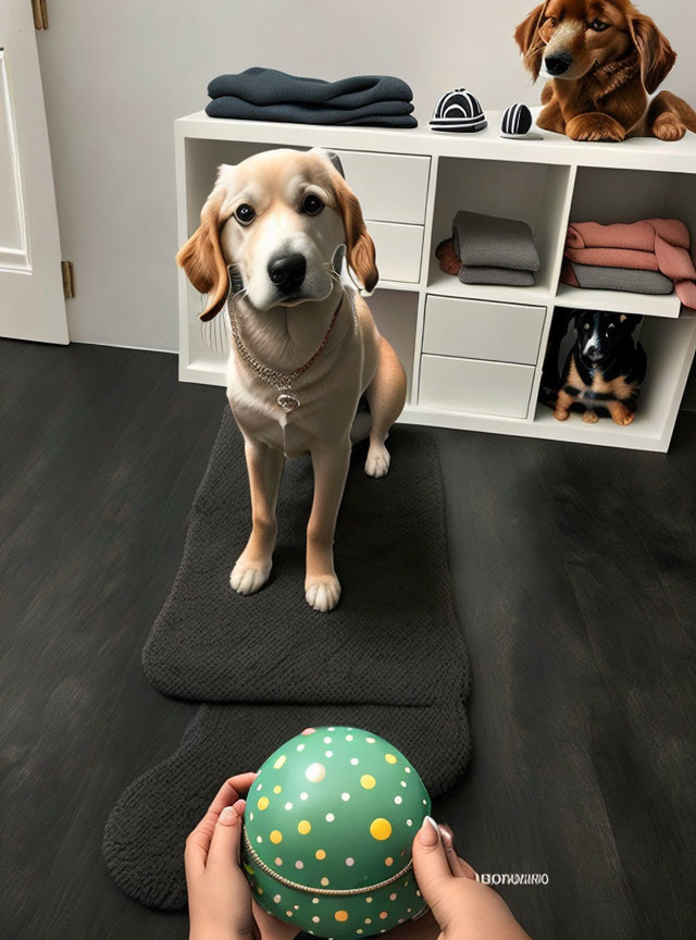 Spotted Easter egg held by person with attentive dogs in background